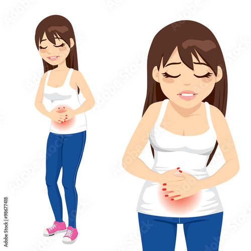 Pretty brunette girl suffering from severe stomachache pain