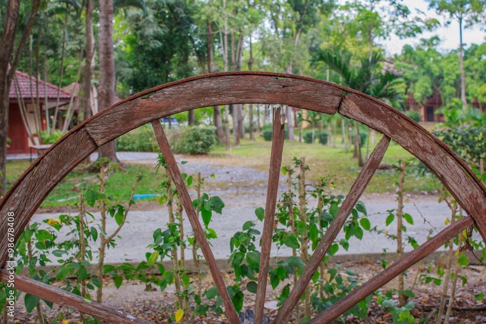 wooden wagon wheel in garden