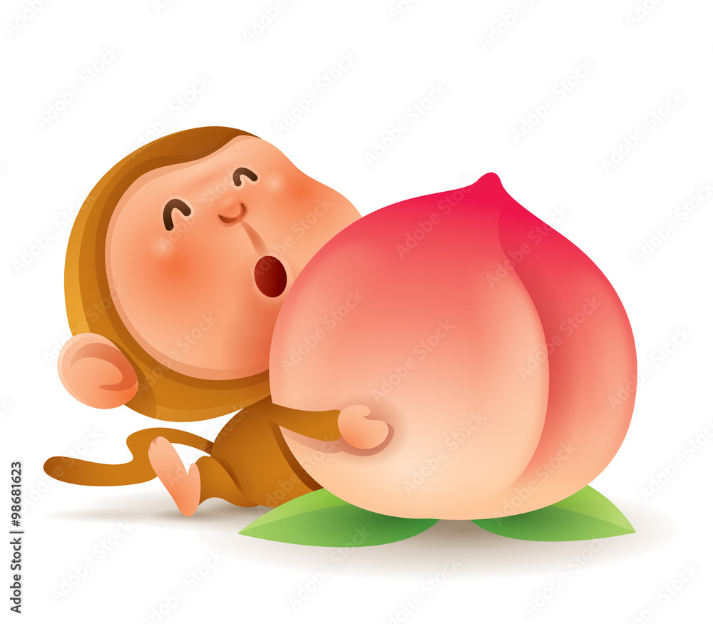 Fototapeta premium Chinese Zodiac - Monkey. Chinese New Year. Monkey holding a peach. 