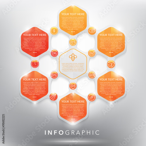 Abstract infographic with hexagonal elements. Glossy and transparent on the white panel. Use for business concept. 6 parts concept. Vector illustration. Eps10.