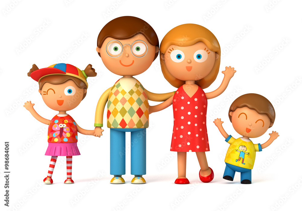 Happy family, posing together. Isolated on white background. 3d render