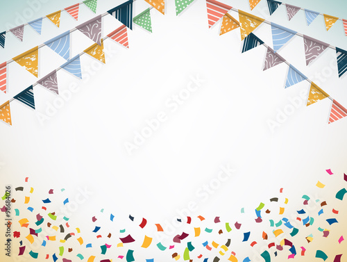 Celebrate banner. Party flags with confetti. Vector.