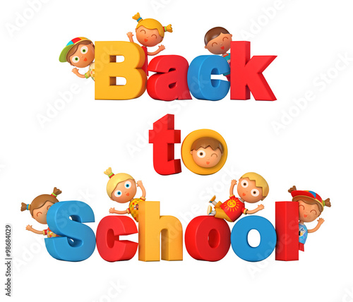 Large sign  Back to School . Children jump for joy. Banner. Isolated on white background. 3d render