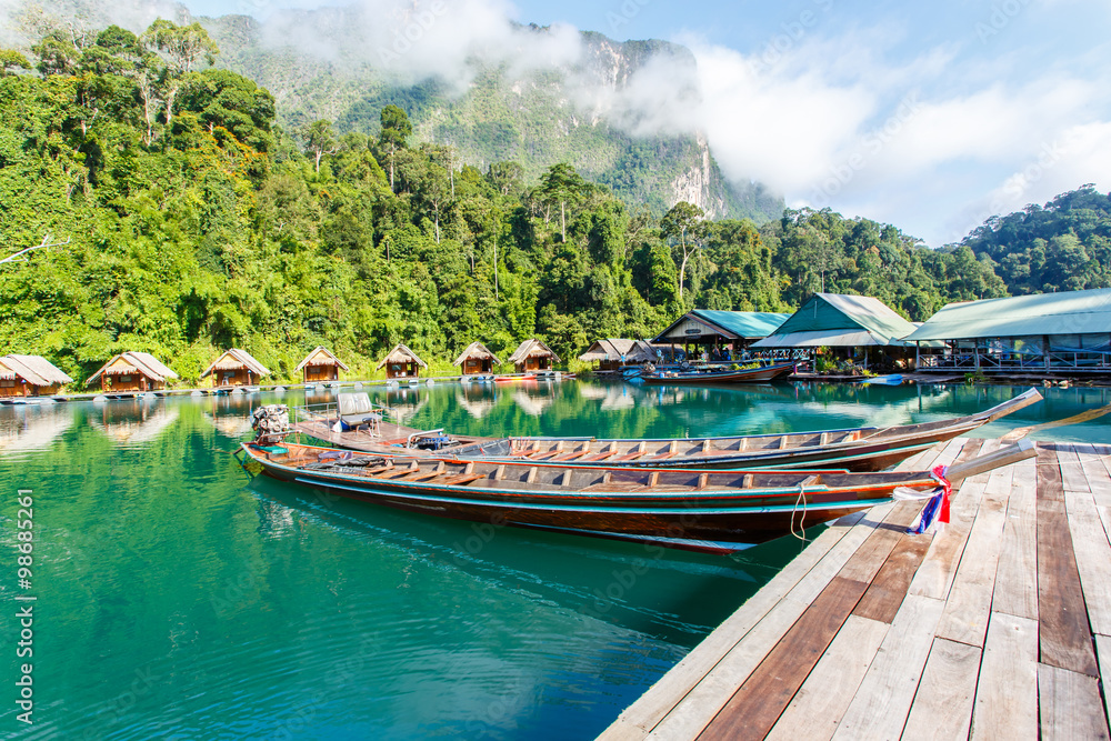 Travel by small boats, Ratchaprapha dam area in Surat Thani province, Thailand.
