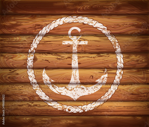 logo of the anchor. marine emblem on the wooden planks background. Vector
