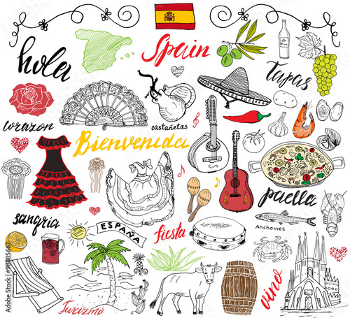 Spain doodles elements. Hand drawn set with spanish food paella, shrimps, olives, grape, fan, wine barel, guitars, music instruments, dresses, bull, rose, flag and map, lettering. doodle set isolated