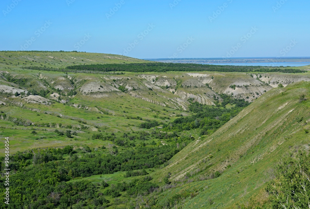 Green valley between the hills in Saratov region, Russia, Volga river