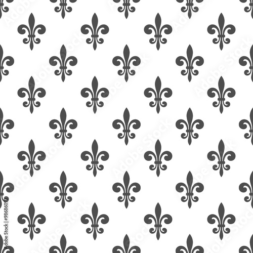 Seamless pattern with fleur-de-lis on a white background. Graphics for wallpaper, wrapping, fabric, apparel, other print production. Fleur de lis royal lily texture in antique style. Vector