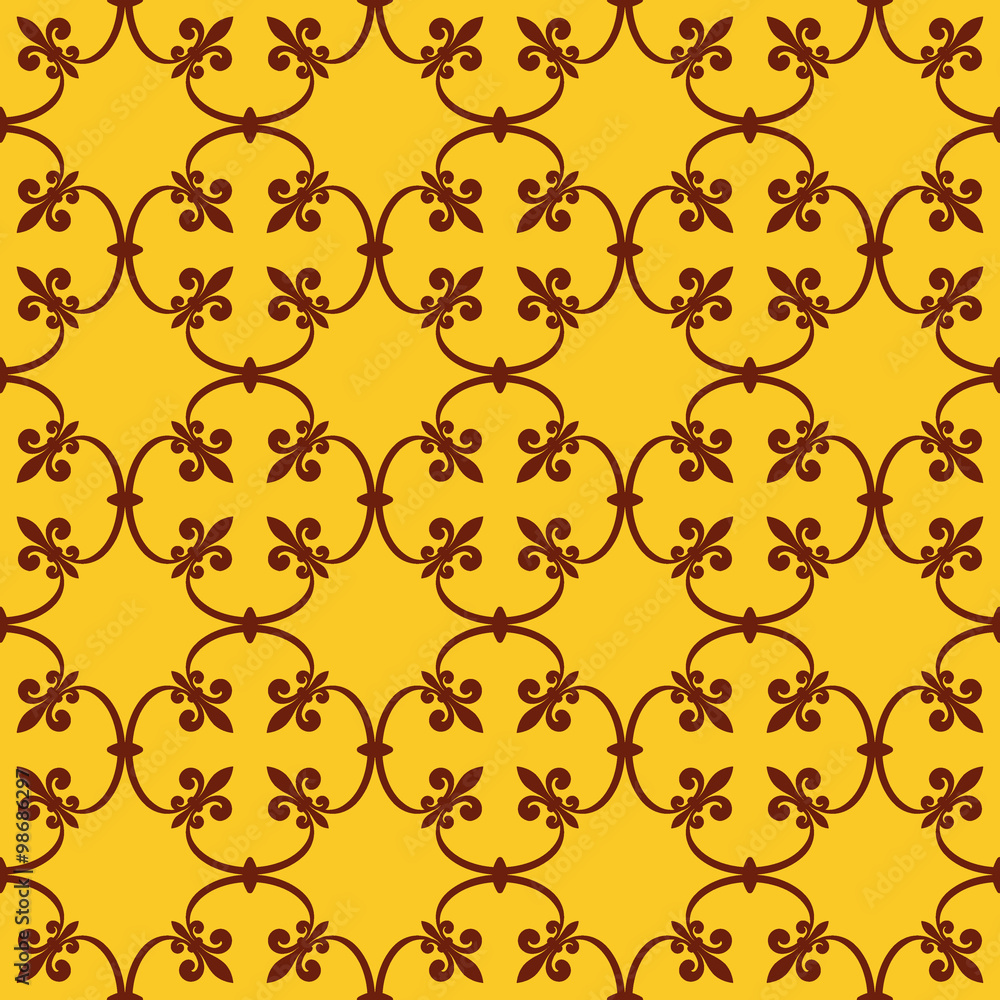 Forged seamless pattern of brown fleur-de-lis on a gold background. Openwork metal fence design. Modern style for wallpaper, wrapping, fabric, background, apparel, other print production. Vector Forged seamless pattern of brown fleur-de-lis on a gold background. Openwork metal fence design. Modern style for wallpaper, wrapping, fabric, background, apparel, other print production. Vector
