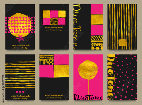Gold Foil Business Cards or Artist Trading Cards - Business cards with gold foil, with abstract hand drawn doodle elements, calligraphy and in black, pink and gold