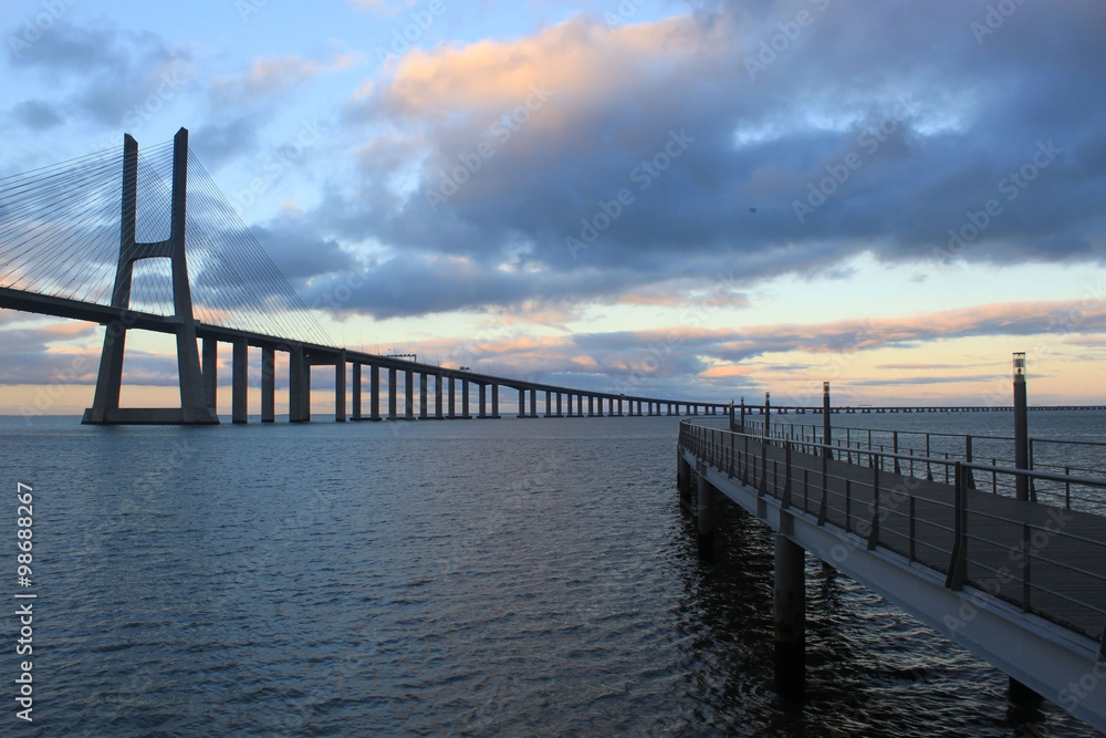 Fototapeta premium Vasco da Gama bridge crossing with another bridge