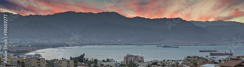 Panoramic view on the gulf of Aqaba (Red Sea) and cargo vessels waiting for unloading in the ports of Eilat and Aqaba