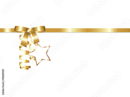 Elegant golden gift ribbon bow with streamers and golden star badge