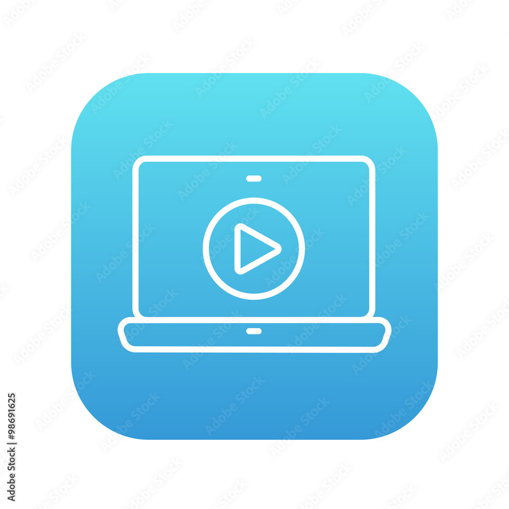 Laptop with play button on screen line icon. Laptop with play button on screen line icon.
