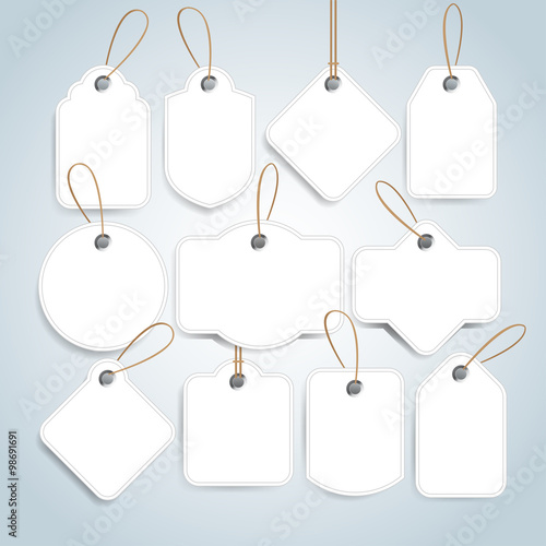 White Price tags and gift cards set. Label paper, sale design, isolated vector illustration
