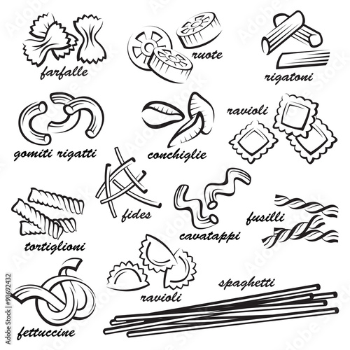 monochrome set of various pasta elements