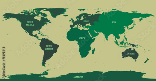 World Map Green With Continent Names