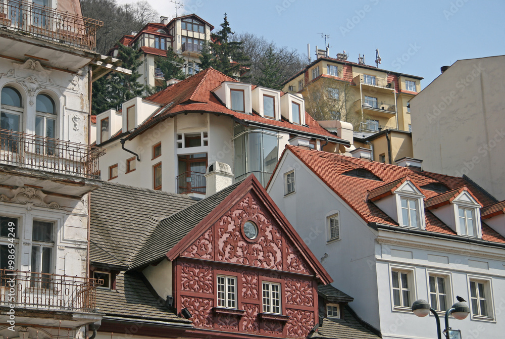 KARLOVY VARY, CZECH REPUBLIC - APRIL 20, 2010: Buildings in Karlovy Vary or Carlsbad that is a spa town situated in western Bohemia, Czech Republic