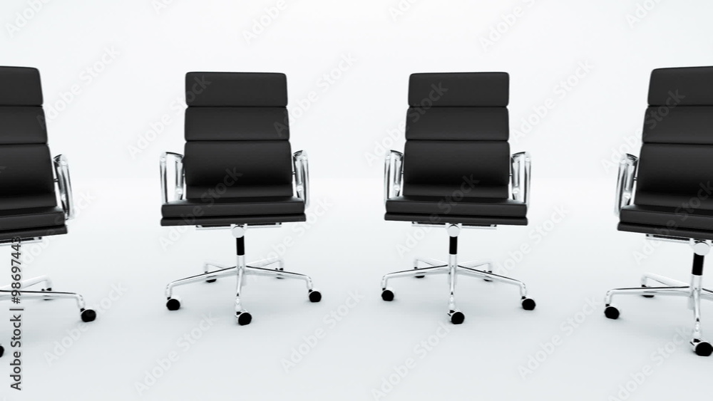 Seamless rotary animation with black office chairs stacked around. Loopable. HD Seamless rotary animation with black office chairs stacked around. Loopable. HD