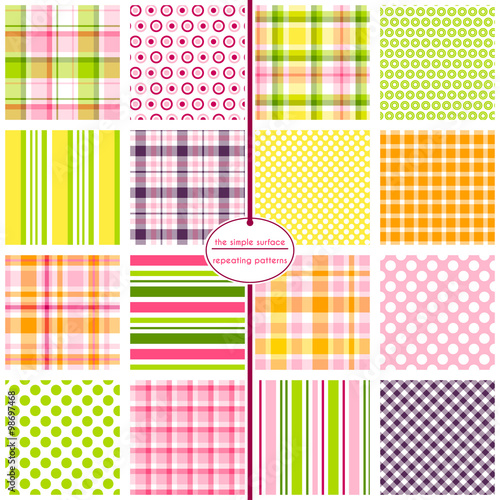 Seamless pattern set. Repeating patterns for backgrounds, scrapbooking, cards, gift wrap, fabric and more. Polka dot, stripe, gingham, and plaid prints. Pink, purple, green, yellow, orange.