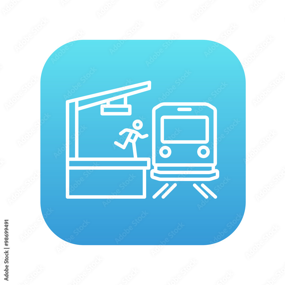 Latecomer man running along the platform to reach train line icon Latecomer man running along the platform to reach train line icon