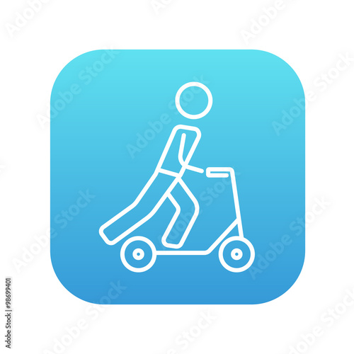 Man riding kick scooter line icon.