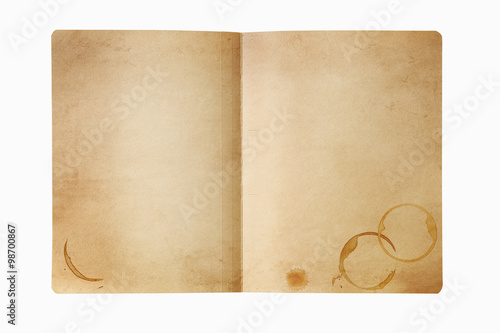 Grunge manila folder with coffee stains, isolated on white.