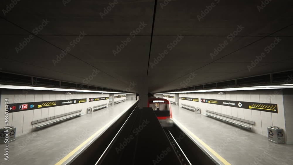 Empty Subway Train Arriving to platform in Underground Station. Transportation Empty Subway Train Arriving to platform in Underground Station. Transportation