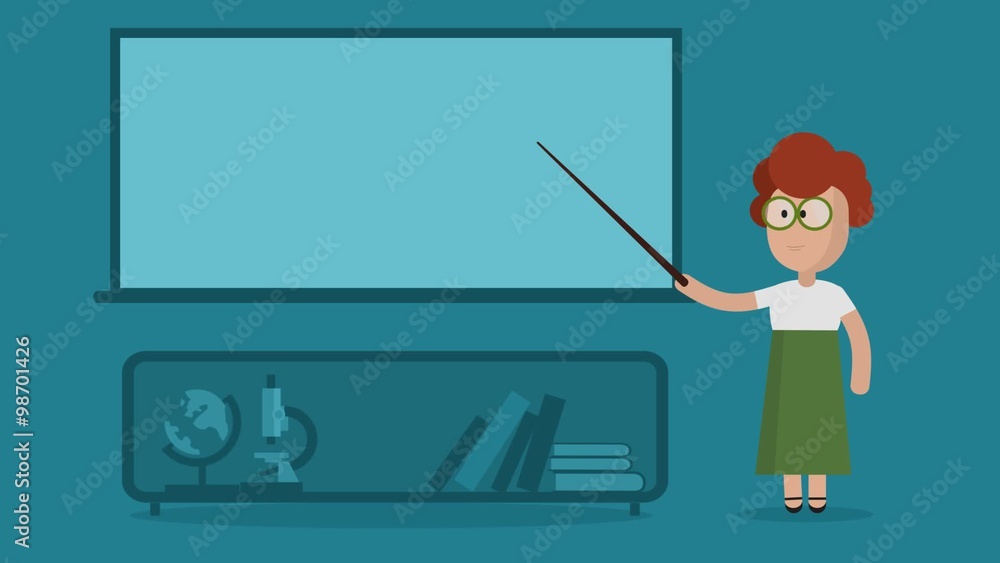 Cartoon animation with the female class teacher,standing next to the chalkboard. Cartoon animation with the female class teacher,standing next to the chalkboard.