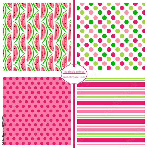 Watermelon seamless pattern set. Repeating patterns for gift wrap, fabric, backgrounds, scrapbook paper and more. Watermelon, polka dot and stripe prints. Pink, fuchsia and green.