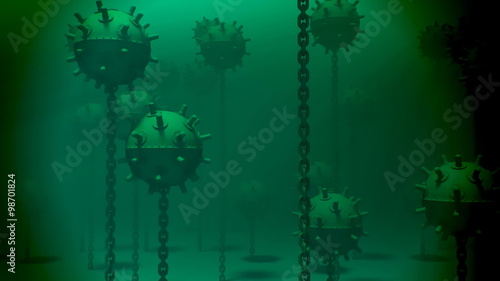 Naval underwater mines. Explosive bombs floating in the basin. Loopable. HD photo