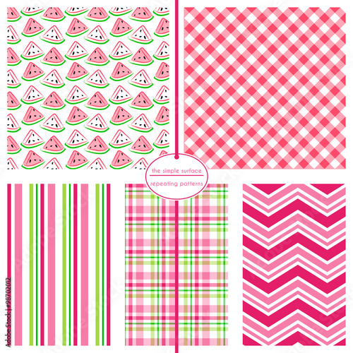 Watermelon seamless pattern set. Pink and green repeating patterns for recipe cards, fabric, backgrounds, scrapbooking and more. Watermelon slices. Gingham, stripe, plaid and chevron print. 