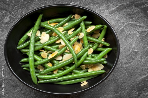 Green Beans with Toasted Almonds in Black Bowl photo