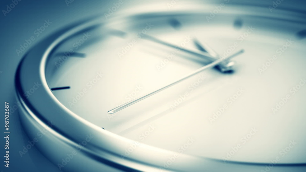 Zoom-out animation of a simple modern clock. Reminding that time is going on. HD