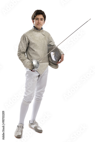 Fencing athlete isolated on white background. 