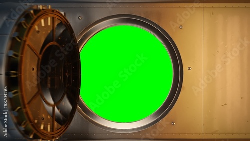 Bank Vault doors opening with a green screen inside. Safe for money, treasure.