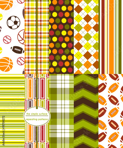 Sports seamless pattern swatch. Repeating patterns for gift wrap, backgrounds, scrapbook paper and more. Football, baseball, basketball, soccer and tennis ball. Red, green, yellow, orange and brown.