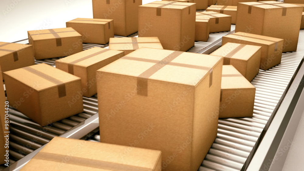The side view animation of cardboard boxes moving in the line. Loopable. HD The side view animation of cardboard boxes moving in the line. Loopable. HD