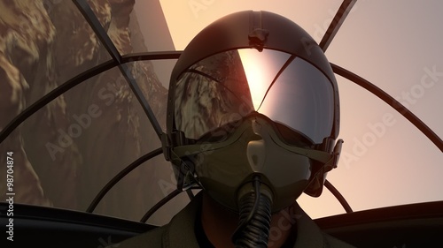 The pilot wearing a helmet and a mask in the cockpit is flying a jet fighter.