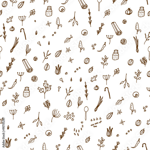 Herbs and spices doodle hand drawn seamless pattern. Repeat monochrome brown on white sketch background.