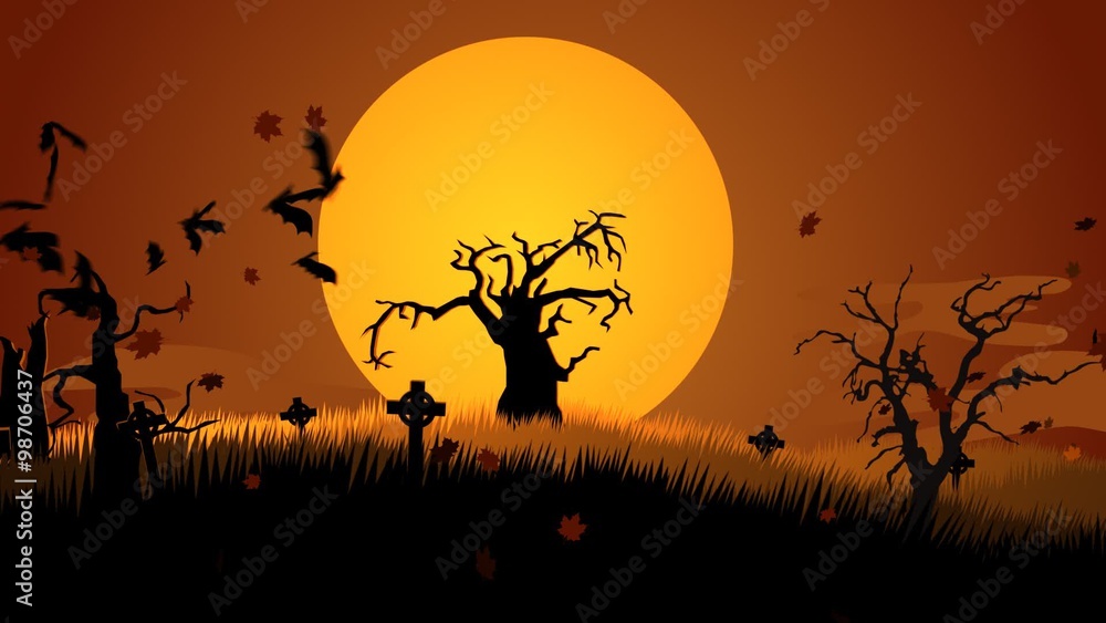 Haunted graveyard with old tombstones and dark silhouettes of spooky trees. Haunted graveyard with old tombstones and dark silhouettes of spooky trees.