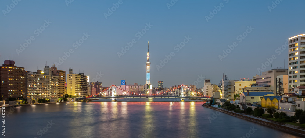 Tokyo river view with Tokyo sky tree in twilight time