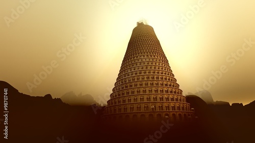 Conceptual image of the Tower of Babel. Bible genesis unity God language photo