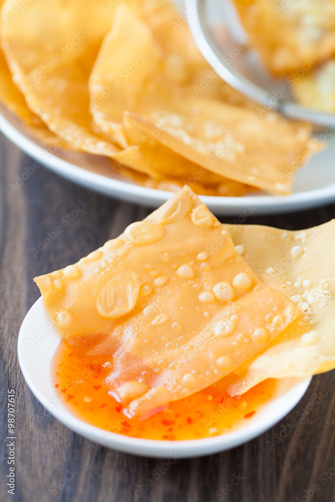 Delicious  appetiser chinese cuisine deep fried wonton eat with sweet chilli sauce