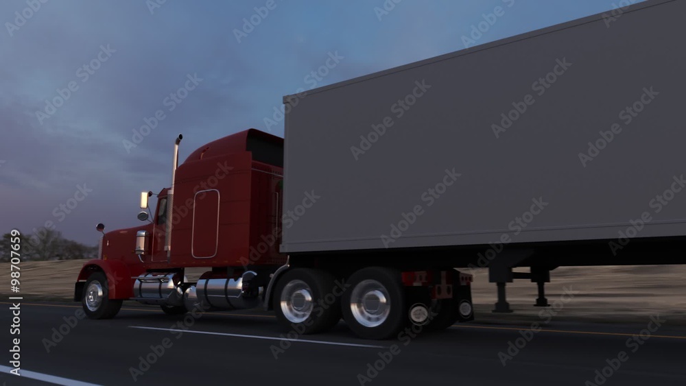 Huge semi-trailer cargo truck riding on the highway. Overall view animation. HD Huge semi-trailer cargo truck riding on the highway. Overall view animation. HD