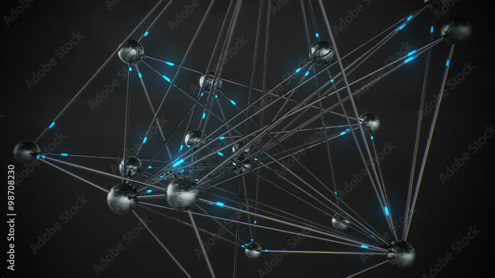 Connected black spheres sending blue impulses with digital signals. Loopable. HD Connected black spheres sending blue impulses with digital signals. Loopable. HD