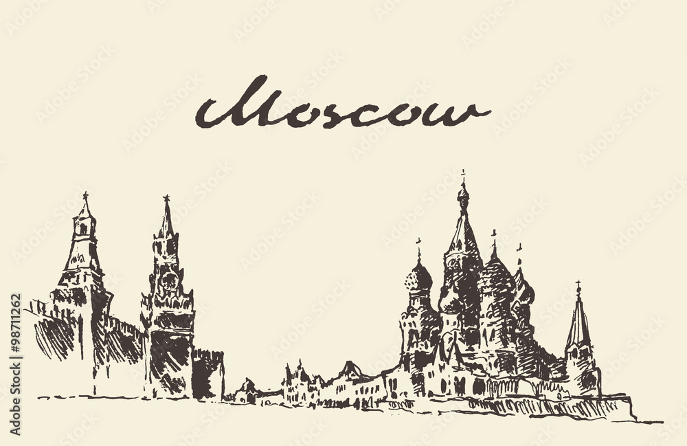 Moscow Russia Red square Kremlin drawn sketch