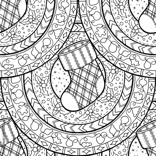 Seamless pattern with Christmas sock on mandala. 