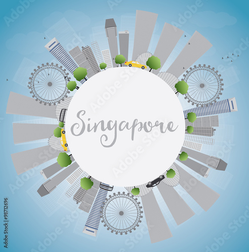 Singapore skyline with grey landmarks, blue sky and copy space. Some elements have transparency mode different from normal.