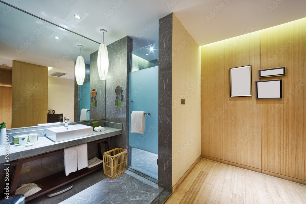 interior of modern bathroom with big bathtub